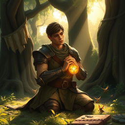 A frail, sorrowful male paladin kneeling in a mystical RPG-inspired forest