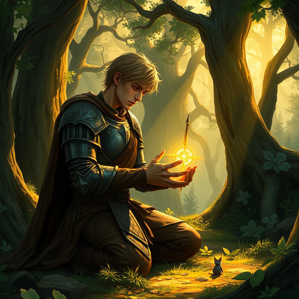 A frail, sorrowful male paladin kneeling in a mystical RPG-inspired forest