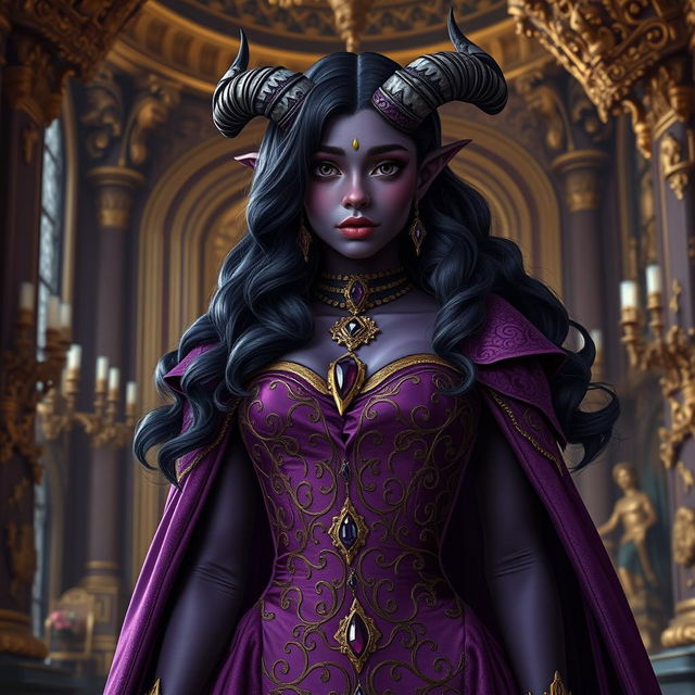 A 20-year-old purple Tiefling princess standing tall with wavy hair cascading down her shoulders