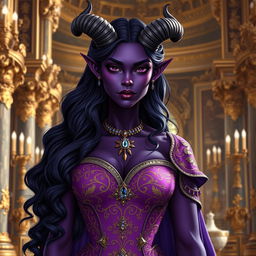 A 20-year-old purple Tiefling princess standing tall with wavy hair cascading down her shoulders