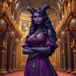 A 20-year-old purple Tiefling princess standing tall with wavy hair cascading down her shoulders