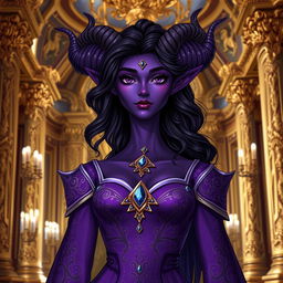 A 20-year-old purple Tiefling princess standing tall with wavy hair cascading down her shoulders