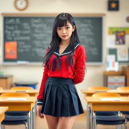 A light-skinned school girl, approximately 18 years old, stands confidently in a classroom setting, dressed in a vibrant school uniform