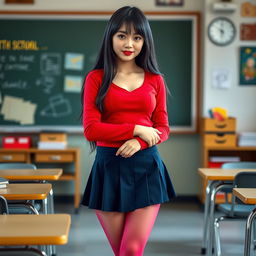 A light-skinned school girl, approximately 18 years old, stands confidently in a classroom setting, dressed in a vibrant school uniform