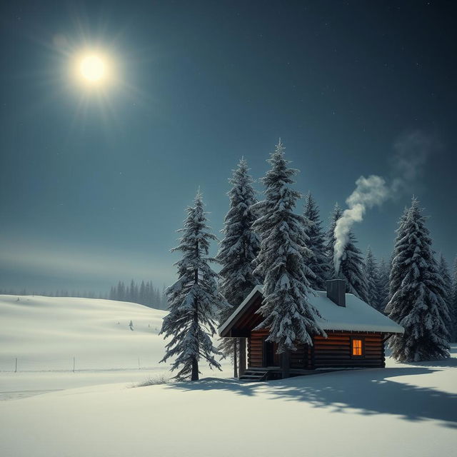 A stunning winter landscape featuring a serene snowy field under a starry night sky