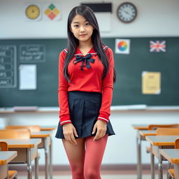 A light-skinned school girl, approximately 18 years old, stands confidently in a classroom setting, dressed in a vibrant school uniform