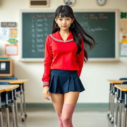 A light-skinned school girl, approximately 18 years old, stands confidently in a classroom setting, dressed in a vibrant school uniform