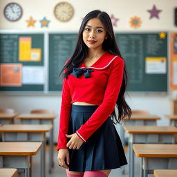 A light-skinned school girl, approximately 18 years old, stands confidently in a classroom setting, dressed in a vibrant school uniform