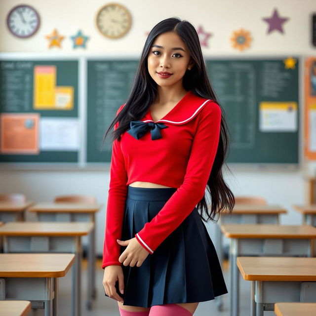 A light-skinned school girl, approximately 18 years old, stands confidently in a classroom setting, dressed in a vibrant school uniform