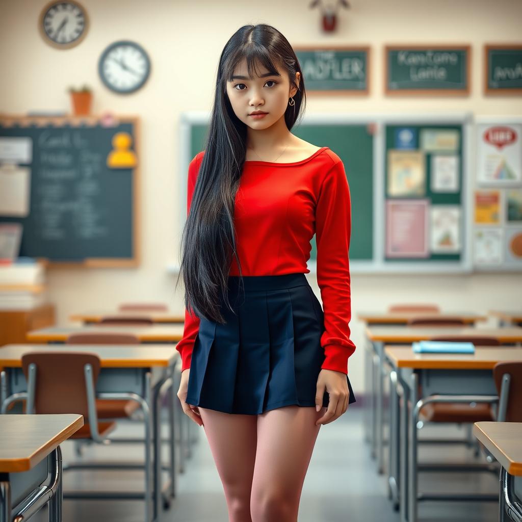 A light-skinned school girl, approximately 18 years old, stands confidently in a classroom setting, dressed in a vibrant school uniform