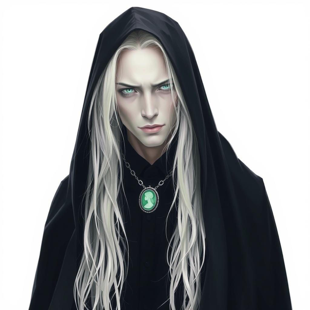 A solo man with striking features, characterized by his long white hair cascading down his shoulders