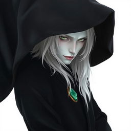 A solo man with striking features, characterized by his long white hair cascading down his shoulders