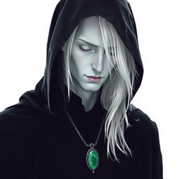 A solo man with striking features, characterized by his long white hair cascading down his shoulders