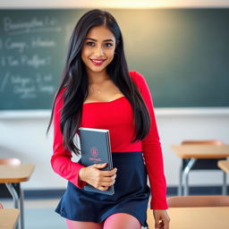 A light-skinned Latina school girl, approximately 18 years old, stands confidently in a classroom setting, adorned in her striking school uniform
