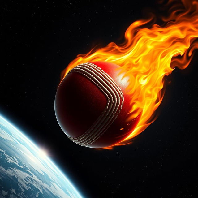 A realistic depiction of a cricket ball engulfed in flames, soaring from the Earth's surface into the vastness of space