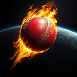 A realistic depiction of a cricket ball engulfed in flames, soaring from the Earth's surface into the vastness of space