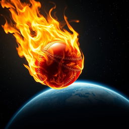 A realistic depiction of a cricket ball engulfed in flames, soaring from the Earth's surface into the vastness of space