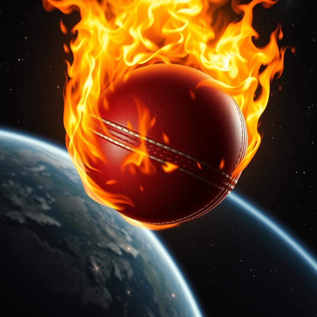 A realistic depiction of a cricket ball engulfed in flames, soaring from the Earth's surface into the vastness of space