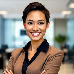 A striking and professional portrait of a confident individual, dressed in smart casual attire, standing against a soft-focus blurred background that suggests an office environment