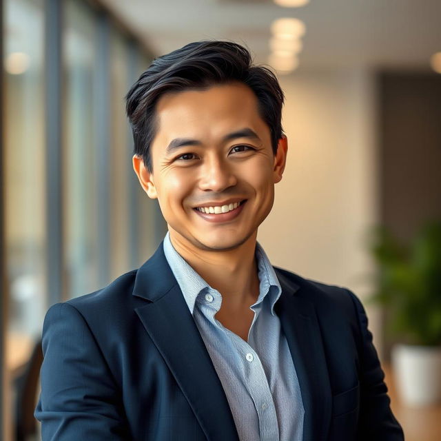 A striking and professional portrait of a confident individual, dressed in smart casual attire, standing against a soft-focus blurred background that suggests an office environment