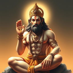 A serene scene depicting a divine representation of God Hanuman, displaying his robust physique and distinctive features