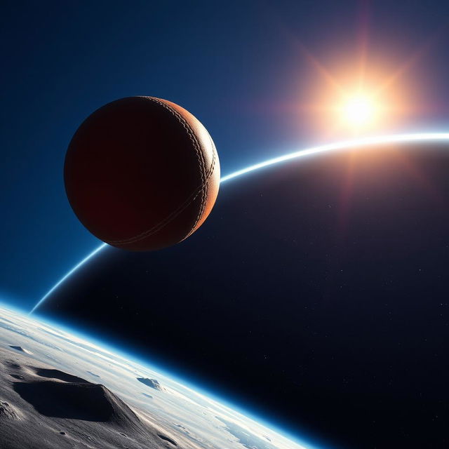A realistic depiction of a cricket ball soaring from the Earth's surface towards outer space, capturing the dynamic motion and trajectory of the ball as it leaves the atmosphere