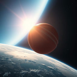 A realistic depiction of a cricket ball soaring from the Earth's surface towards outer space, capturing the dynamic motion and trajectory of the ball as it leaves the atmosphere