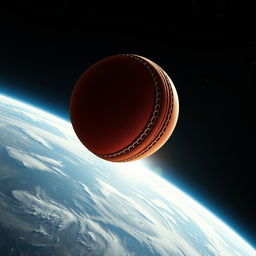 A realistic depiction of a cricket ball soaring from the Earth's surface towards outer space, capturing the dynamic motion and trajectory of the ball as it leaves the atmosphere