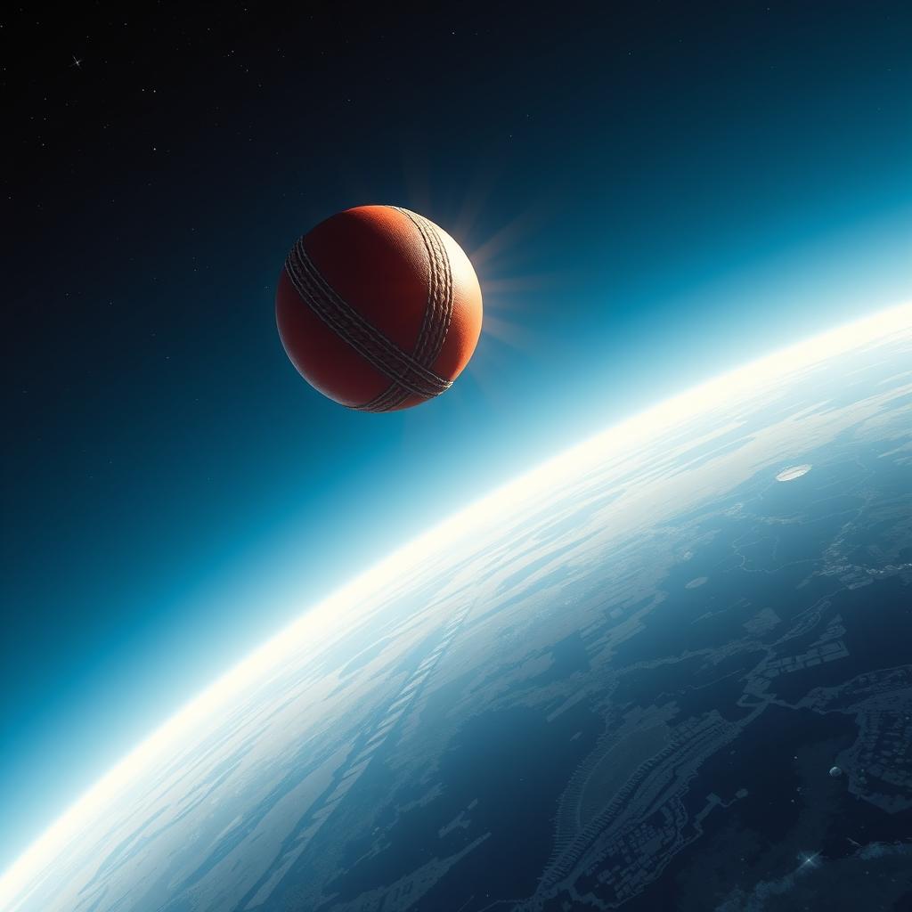A realistic depiction of a cricket ball soaring from the Earth's surface towards outer space, capturing the dynamic motion and trajectory of the ball as it leaves the atmosphere
