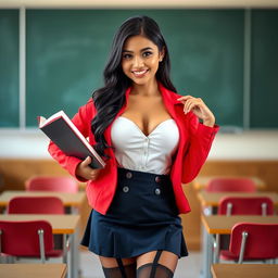 A light-skinned Latina school girl, approximately 20 years old, stands confidently in a vibrant classroom setting, showcasing her stylish school uniform