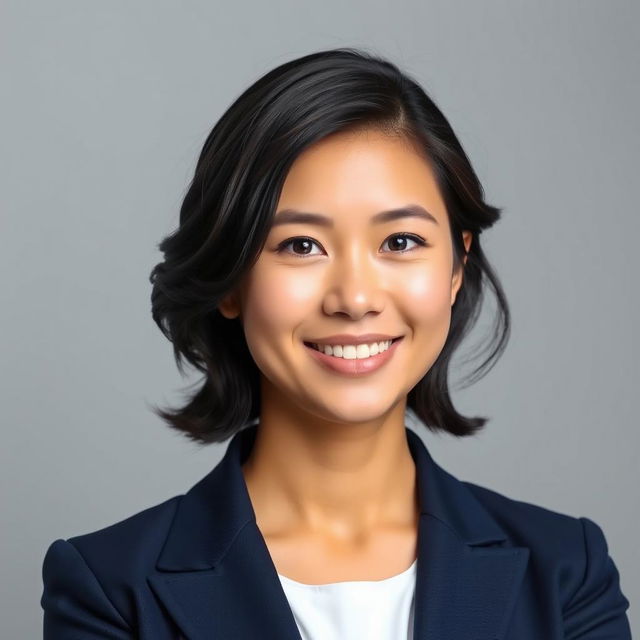 A professional and polished profile picture of a confident young woman with dark hair styled in loose waves