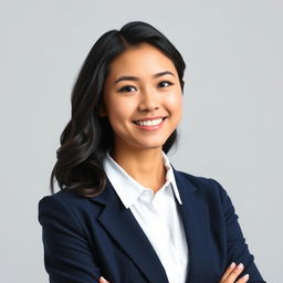 A professional and polished profile picture of a confident young woman with dark hair styled in loose waves