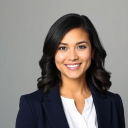 A professional and polished profile picture of a confident young woman with dark hair styled in loose waves