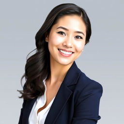 A professional and polished profile picture of a confident young woman with dark hair styled in loose waves