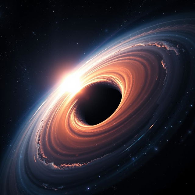 A realistic black hole depicted in space, showcasing an event horizon with a swirling accretion disk of bright, colorful gases and dust spiraling around it