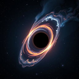 A realistic black hole depicted in space, showcasing an event horizon with a swirling accretion disk of bright, colorful gases and dust spiraling around it