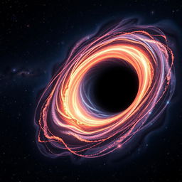 A realistic black hole depicted in space, showcasing an event horizon with a swirling accretion disk of bright, colorful gases and dust spiraling around it