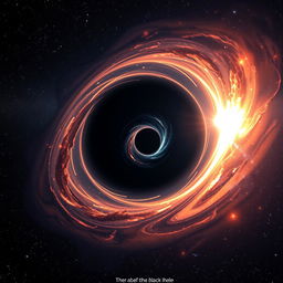 A realistic black hole depicted in space, showcasing an event horizon with a swirling accretion disk of bright, colorful gases and dust spiraling around it