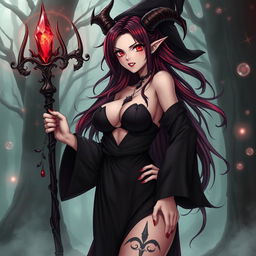 A sexy demonic anime girl witch with large breasts, wearing a dark, flowing witch's robe adorned with arcane symbols
