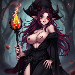 A sexy demonic anime girl witch with large breasts, wearing a dark, flowing witch's robe adorned with arcane symbols