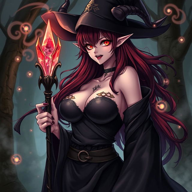 A sexy demonic anime girl witch with large breasts, wearing a dark, flowing witch's robe adorned with arcane symbols