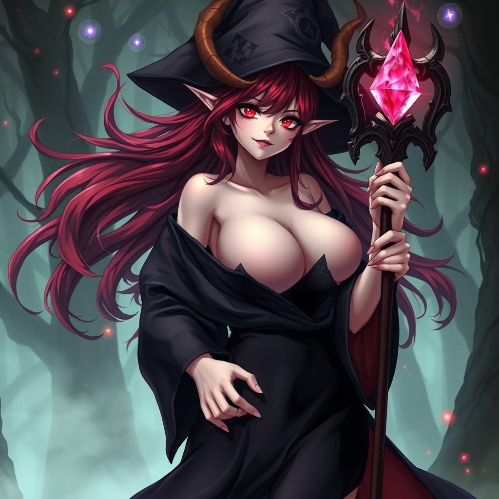 A sexy demonic anime girl witch with large breasts, wearing a dark, flowing witch's robe adorned with arcane symbols
