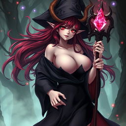 A sexy demonic anime girl witch with large breasts, wearing a dark, flowing witch's robe adorned with arcane symbols