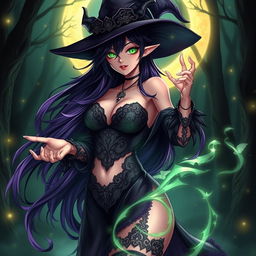 A sexy demonic anime girl witch with nice curves, featuring an alluring silhouette