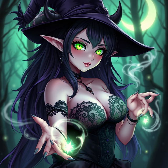 A sexy demonic anime girl witch with nice curves, featuring an alluring silhouette