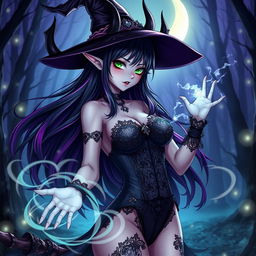 A sexy demonic anime girl witch with nice curves, featuring an alluring silhouette
