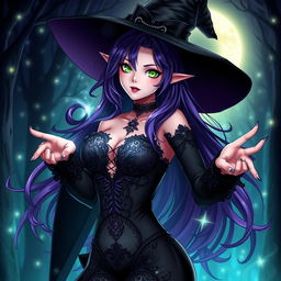 A sexy demonic anime girl witch with nice curves, featuring an alluring silhouette