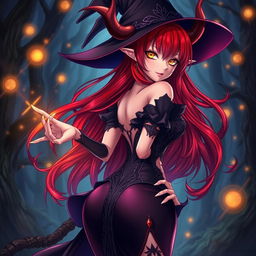 A sexy demonic anime girl witch with long red hair and nice curves, dressed in a form-fitting, elaborate witch's attire that showcases her enchanting figure