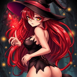 A sexy demonic anime girl witch with long red hair and nice curves, dressed in a form-fitting, elaborate witch's attire that showcases her enchanting figure