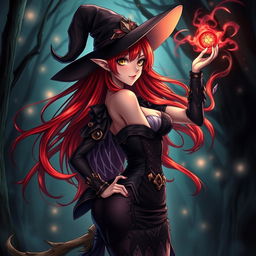A sexy demonic anime girl witch with long red hair and nice curves, dressed in a form-fitting, elaborate witch's attire that showcases her enchanting figure